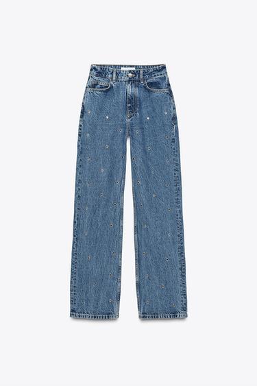 Z1975 STRAIGHT HIGH-WAIST LONG LENGTH JEANS WITH EYELET DETAIL - Mid-blue by Zara
