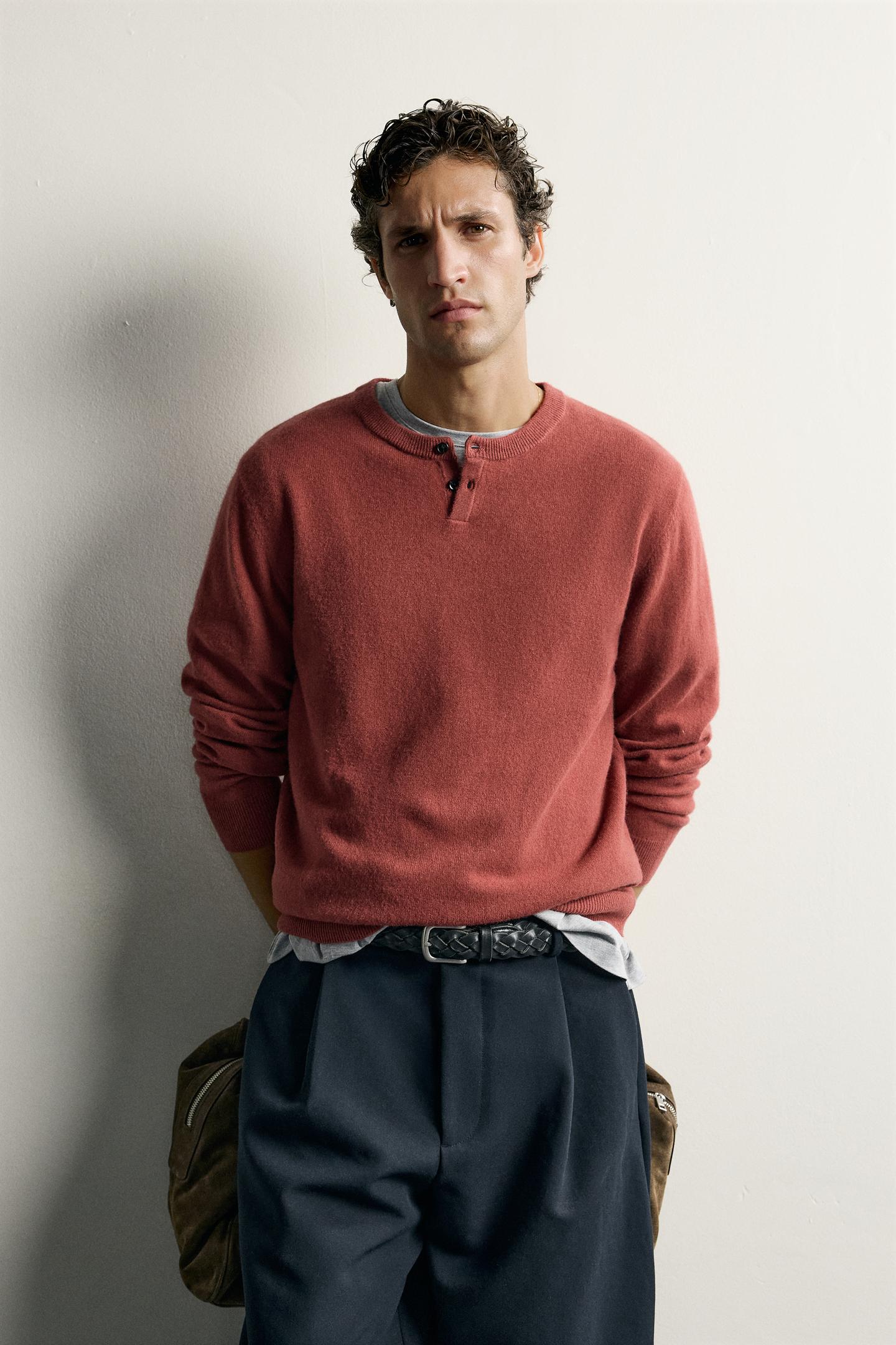 Мужской свитер Zara 100% Wool Henley Neck, цвет: Глиняный — фото 2