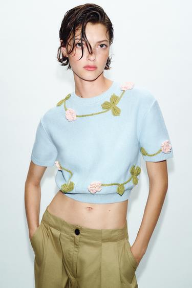 KNIT JUMPER WITH FLORAL SHORT SLEEVES - Light blue by Zara