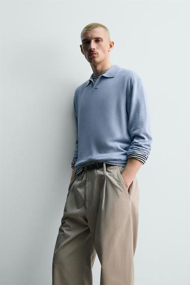 HEMP-COTTON KNIT POLO SHIRT - Sky blue by Zara - Image 6