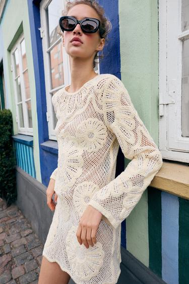 Zara CROCHET SHORT DRESS - Ecru