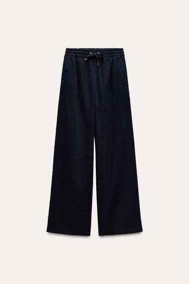 CALÇA DE PERNAS LARGA COM TEXTURA - Azul-marinho da Zara