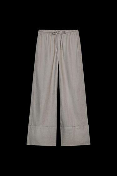Zara 100% LINEN PALAZZO PANTS ZW COLLECTION - Light gray - Image 0