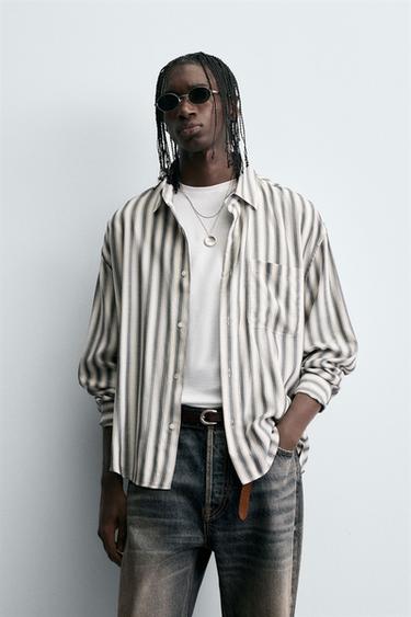 CHEMISE COTON - VISCOSE RAYURES - Gris de Zara