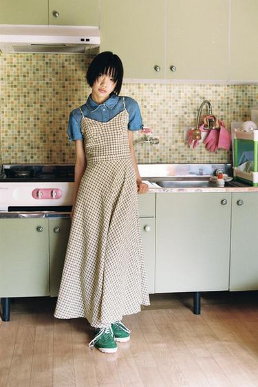 체크 스트랩 미디 원피스 - Zara 노랑