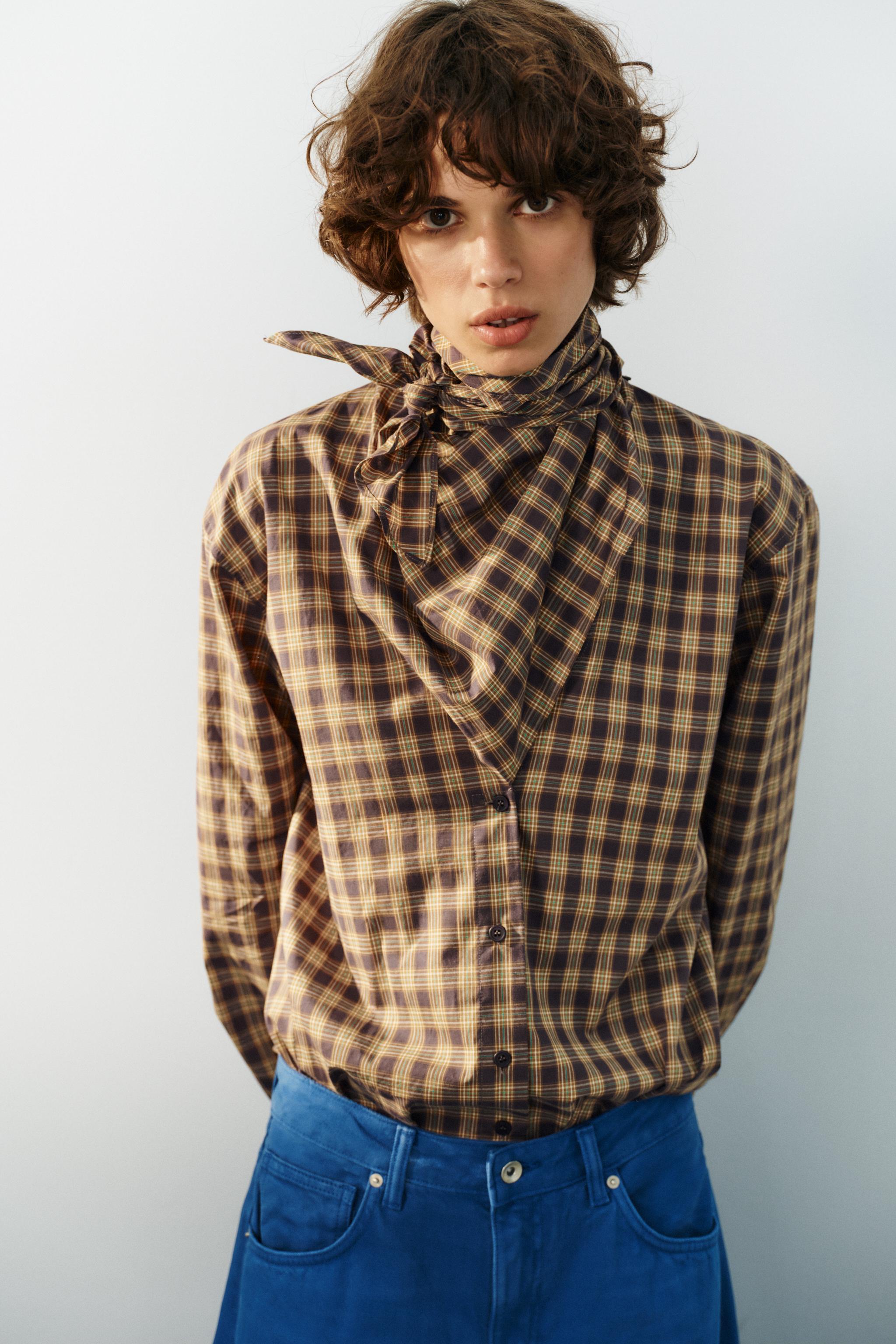 Женские рубашки Zara PLAID SCARF-NECK OVERSIZE SHIRT — фото 2