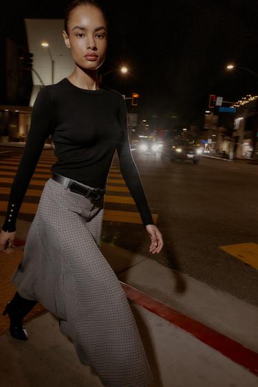 CHECKED MIDI SKIRT WITH BELT - Ecru / Blue by Zara - Image 4