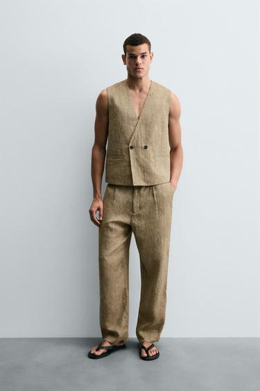 100% LINEN PLEATED TROUSERS - Greenish by Zara
