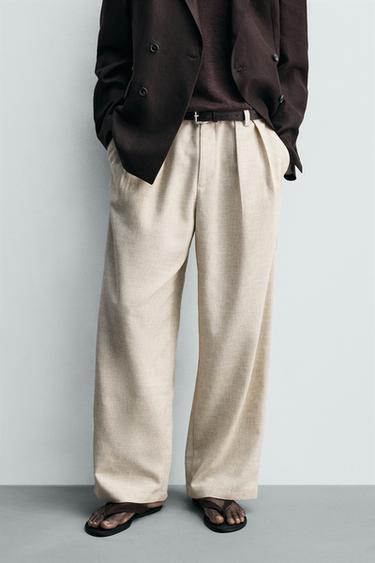 Zara 休閒版打褶長褲 - 淺米色