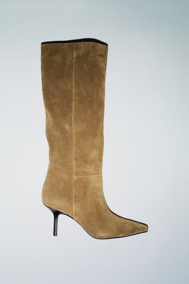 Zara SPLIT LEATHER KITTEN HEEL BOOTS - Olive Green