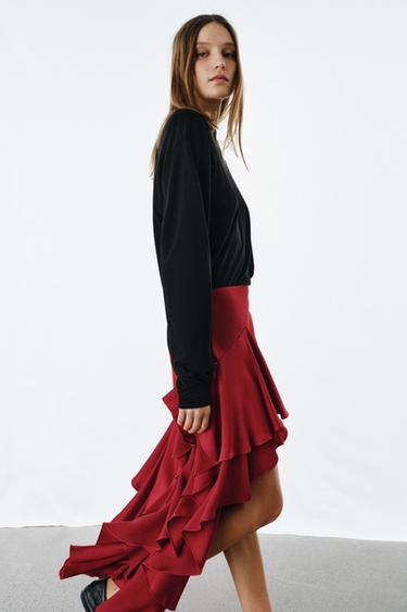 JUPE MIDI À VOLANTS ZW COLLECTION - Rouge de Zara - Image 5