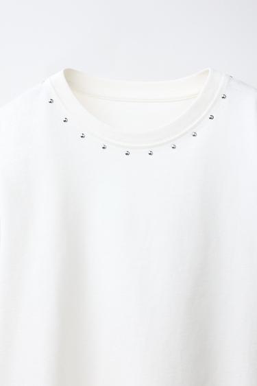 FRINGED T-SHIRT WITH STUDS - White by Zara - Image 2
