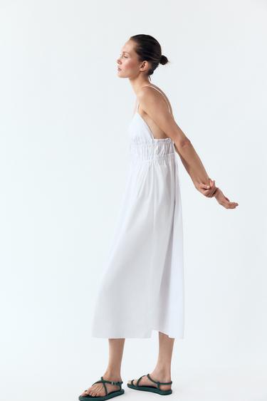 ROBE MIDI EN POPELINE À BRETELLES - Blanc de Zara