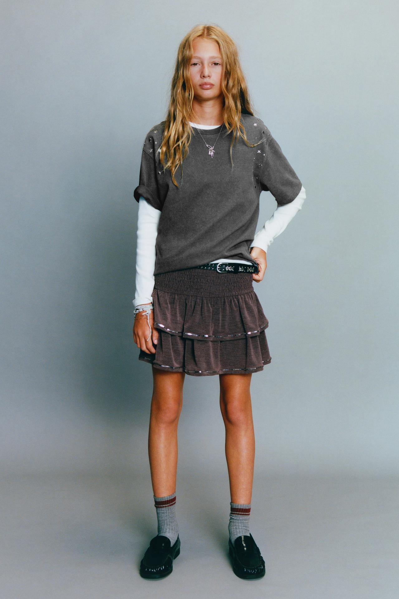 SEQUIN RUFFLE SKIRT — Eggplant