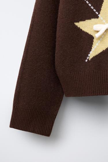 ARGYLE KNIT SWEATER WITH BOWS - Brown by Zara - Image 3