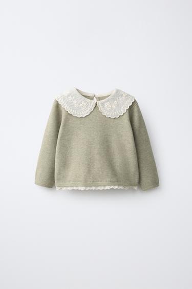 Zara EMBROIDERED COLLAR KNIT SWEATER WITH LACE TRIM - Mid-green