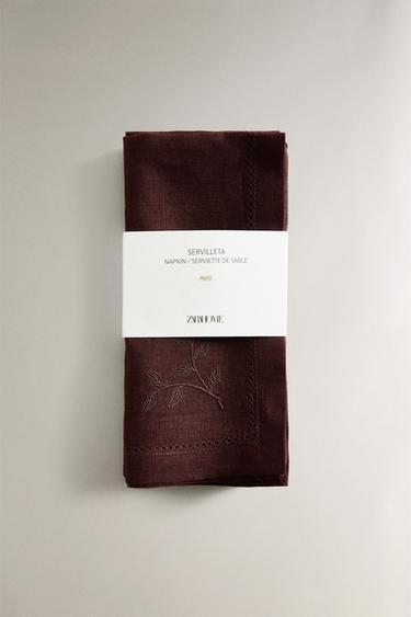 LINEN NAPKIN WITH FLORAL EMBROIDERY (PACK OF 2) - Burgundy by Zara - Image 4