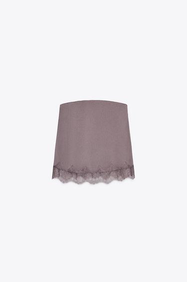 Zara SATIN EFFECT LACE TOP - Brown / Taupe