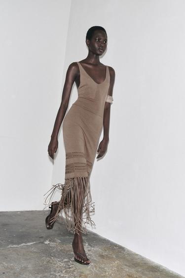 Zara FRINGE KNIT DRESS - Brown / Taupe - Image 0