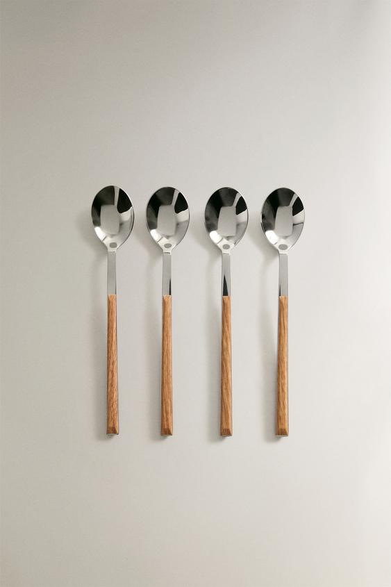 PACK CUCHARILLAS POSTRE MANGO EFECTO MADERA (PACK DE 4) - Marrón de Zara - Imagen 0