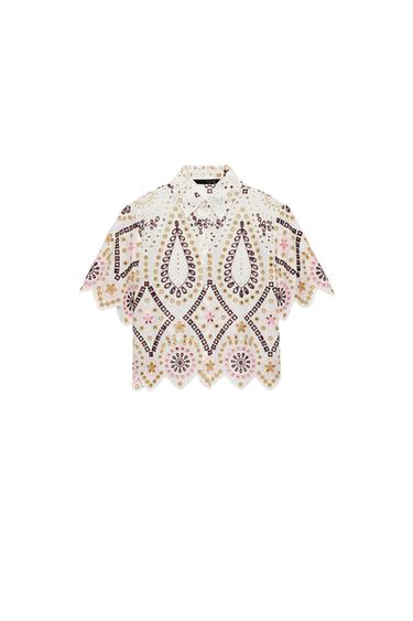 Zara EMBROIDERED EYELET SHORT SLEEVE SHIRT - Multicolored