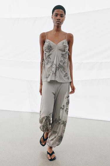 Zara SEQUIN EMBROIDERED TOP - Light gray