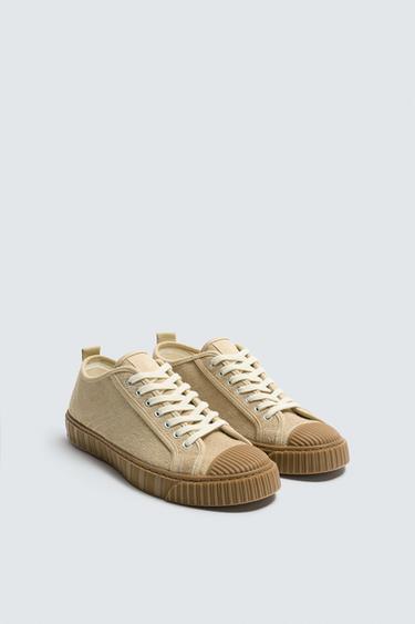 Zara CONTRAST SOLE LEATHER SNEAKER - SAND/BROWN