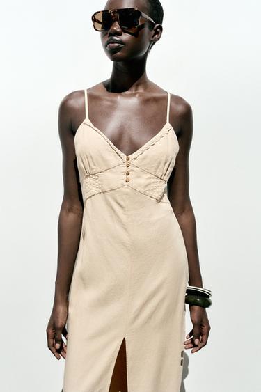 LINEN BLEND MIDI STRAPPY DRESS - Beige by Zara - Image 3