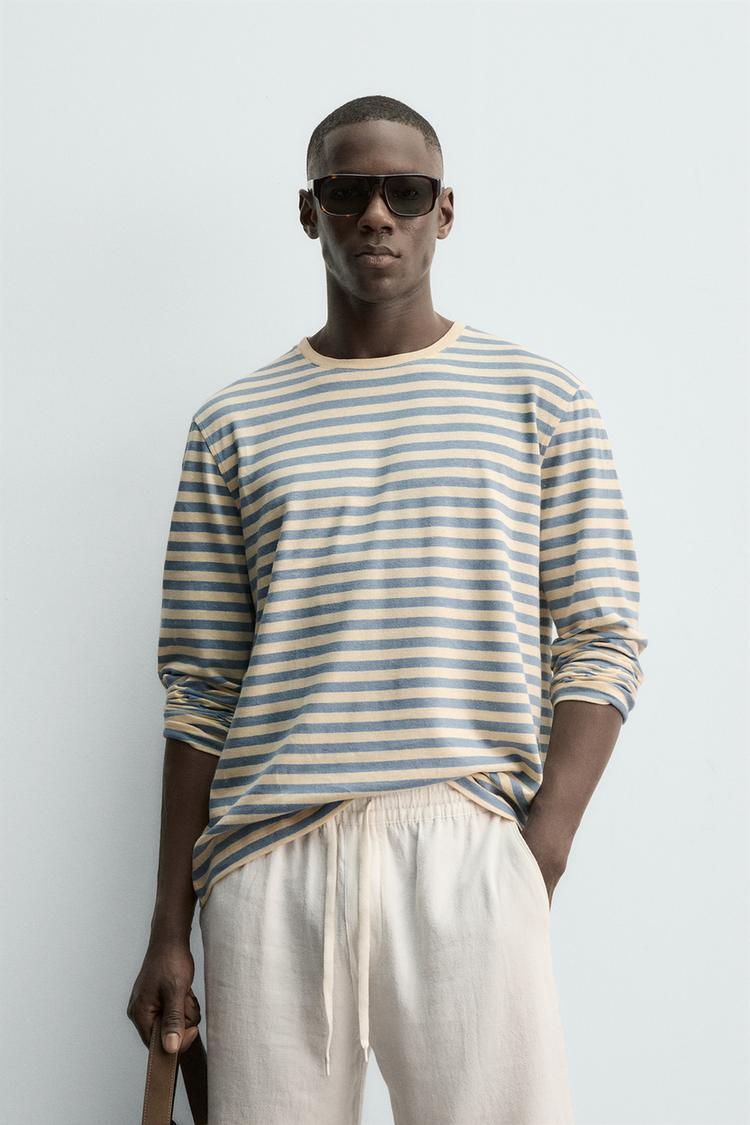 ZARA STRIPED LONG SLEEVE LINEN/COTTON T-SHIRT
