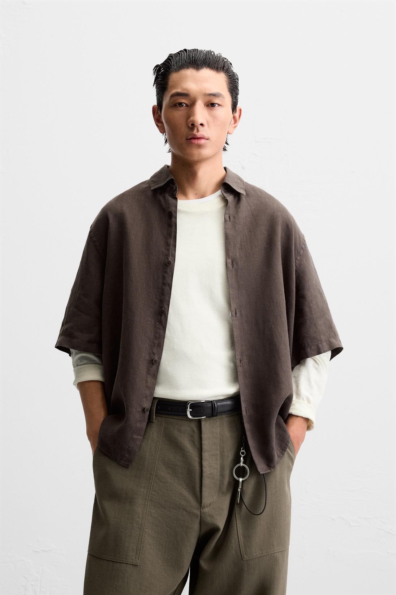 WASHED 100% LINEN SHIRT - chocolate by Zara