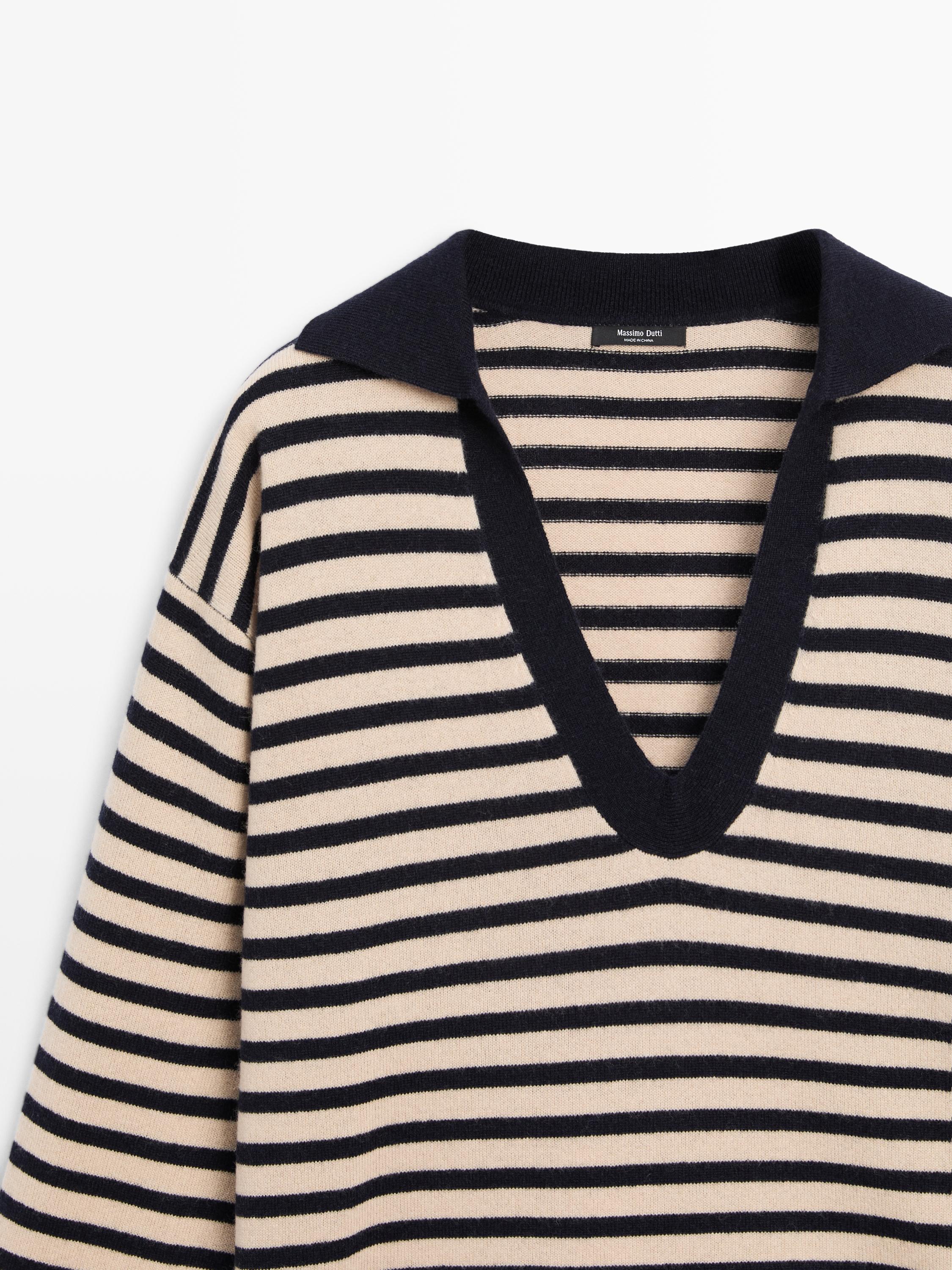 Striped V-neck knit sweater