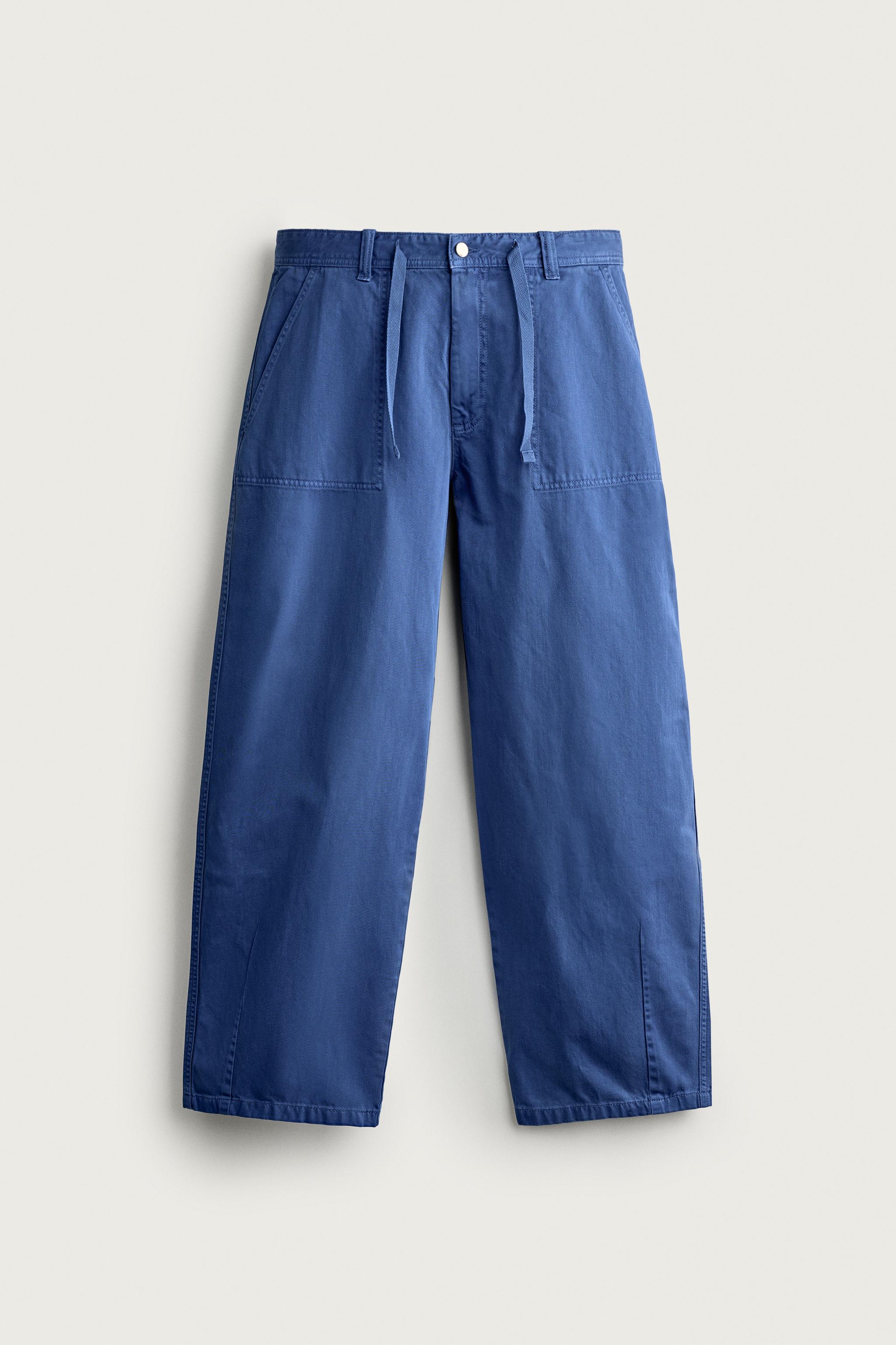 RELAXED STRAIGHT-FIT DRAWSTRING TROUSERS — Bluish