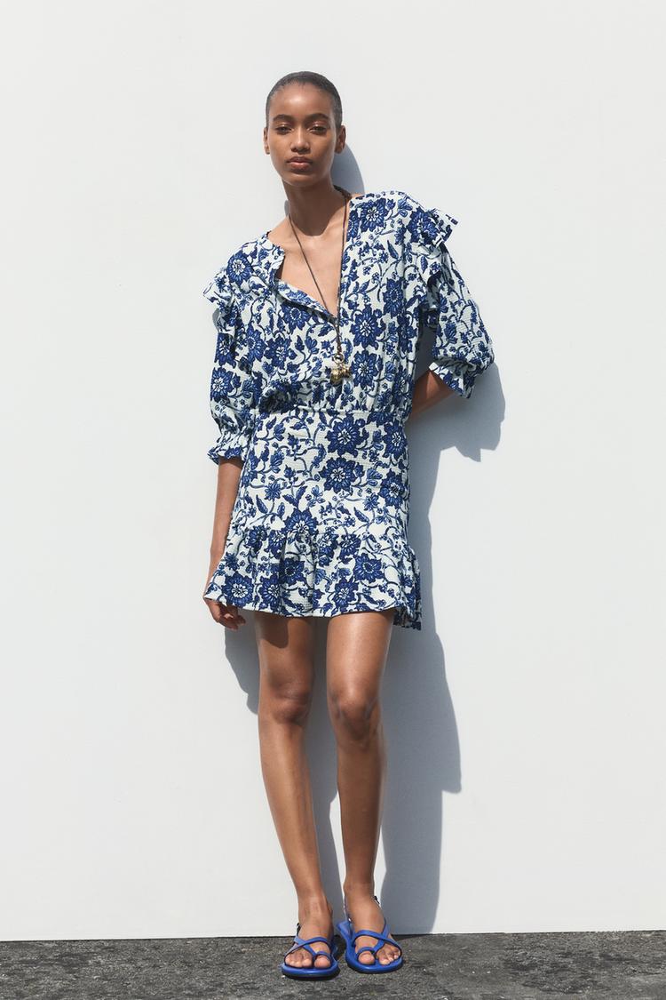 blue flower dress zara Zara Blue Floral Print Midi Dress