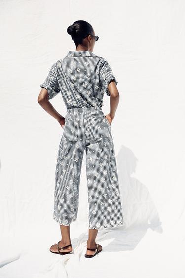 PANTALON JUPE-CULOTTE VICHY BRODÉ - Écru / Bleu de Zara - Image 4