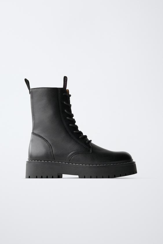 LEATHER LACE-UP ANKLE BOOTS - Black by Zara - Image 0