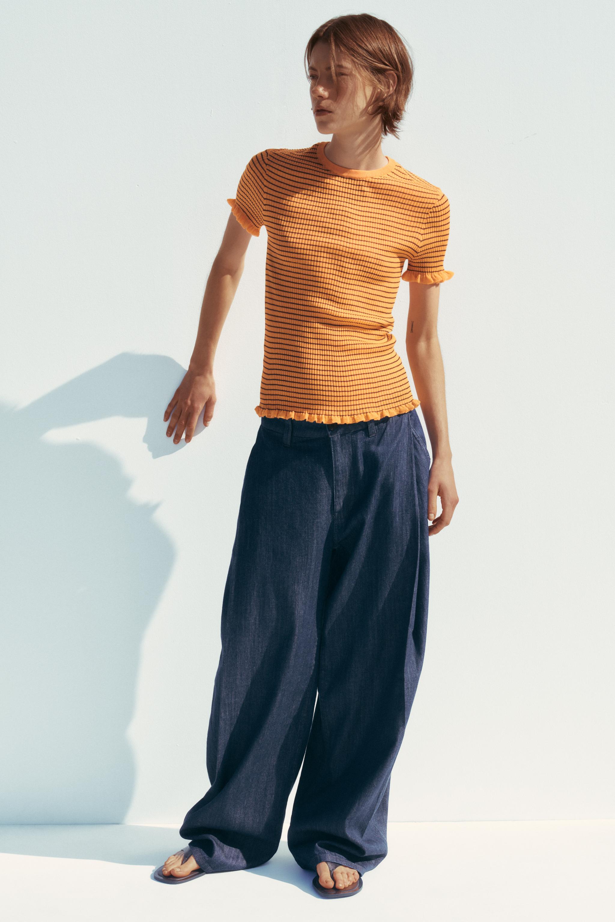 ストライプ柄リブニットトップス - オレンジ色 | ZARA Japan / 日本