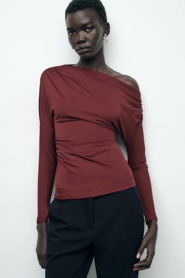 Zara RUCHED ASYMMETRIC T-SHIRT - Burgundy
