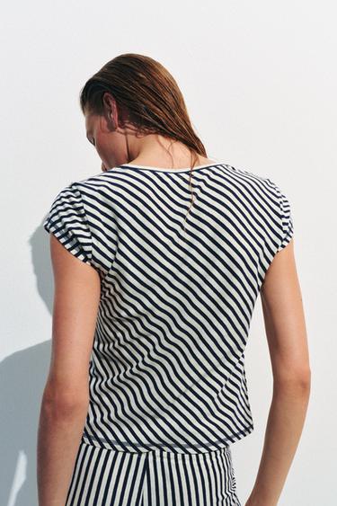 TEE-SHIRT RAYURES AVEC LIN - Écru / Bleu marine de Zara - Image 3