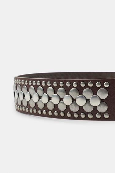 LEATHER EFFECT STUDDED BELT - Brown by Zara - Image 4