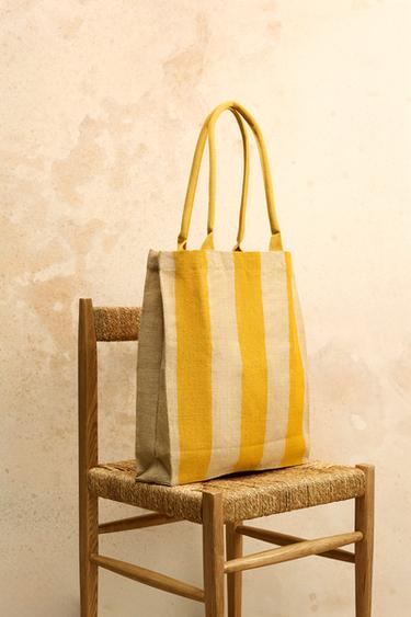 Zara STRIPED SHOPPER BAG - Yellow