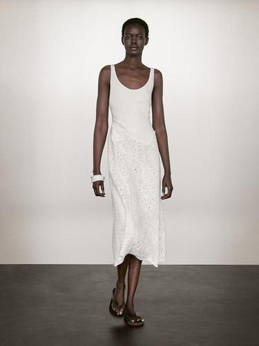 Zara Cotton blend flounce midi dress - White