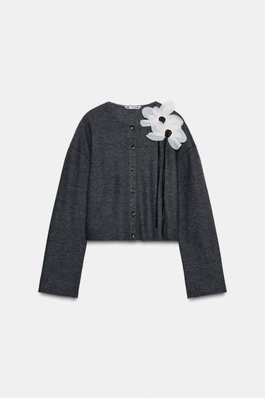 FLORAL RIBBED CARDIGAN - Grey by Zara - Image 3