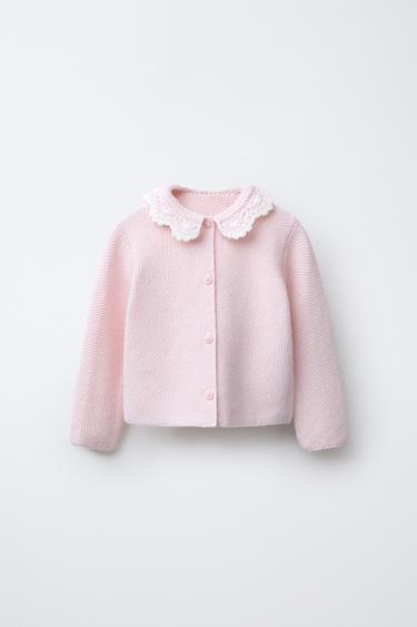 KNIT CARDIGAN WITH CROCHET COLLAR - Chalk pink by Zara - Image 0