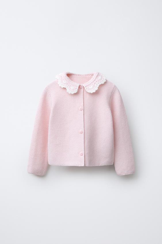 KNIT CARDIGAN WITH CROCHET COLLAR - Chalk pink by Zara - Image 0