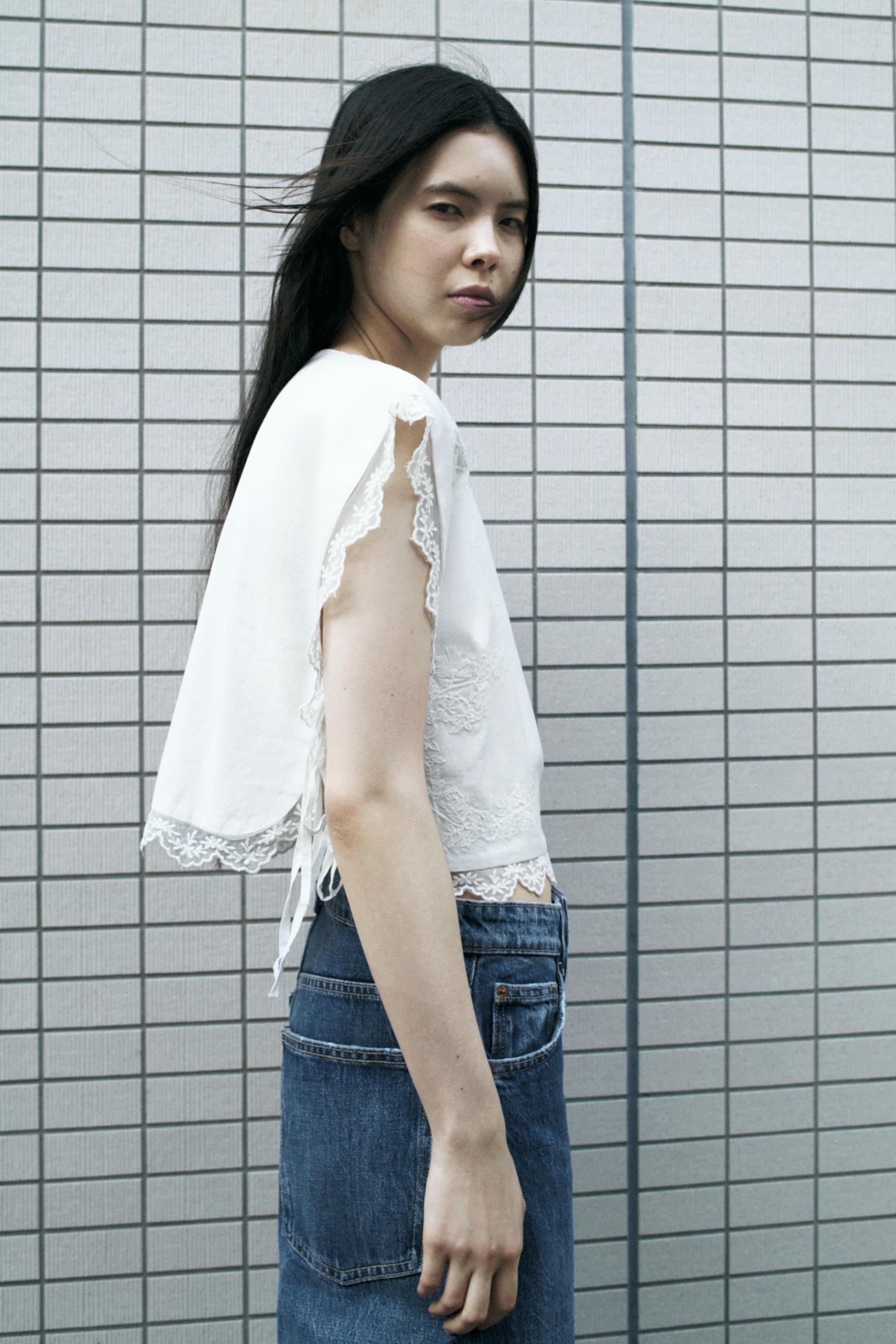 リボン刺繍入りトップス - オフホワイト | ZARA Japan / 日本