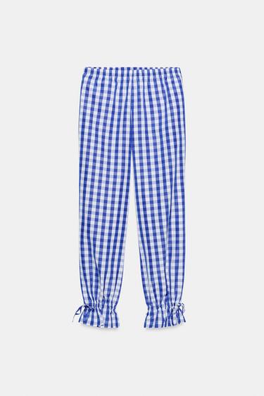 Zara NYLON GINGHAM PLAID PANTS - Blue / White