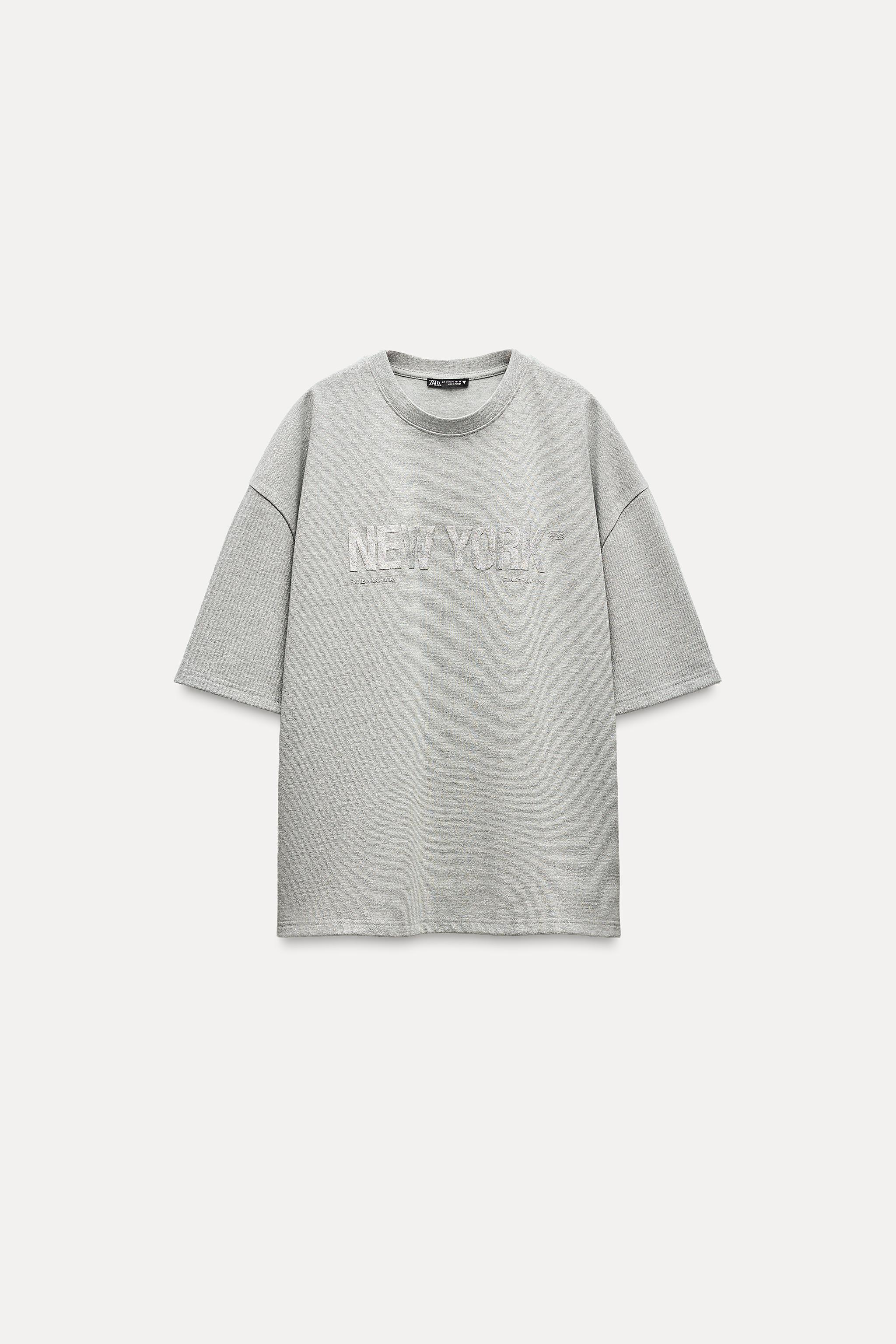 METALLIC THREAD T-SHIRT WITH SLOGAN - Silver | ZARA Saudi Arabia