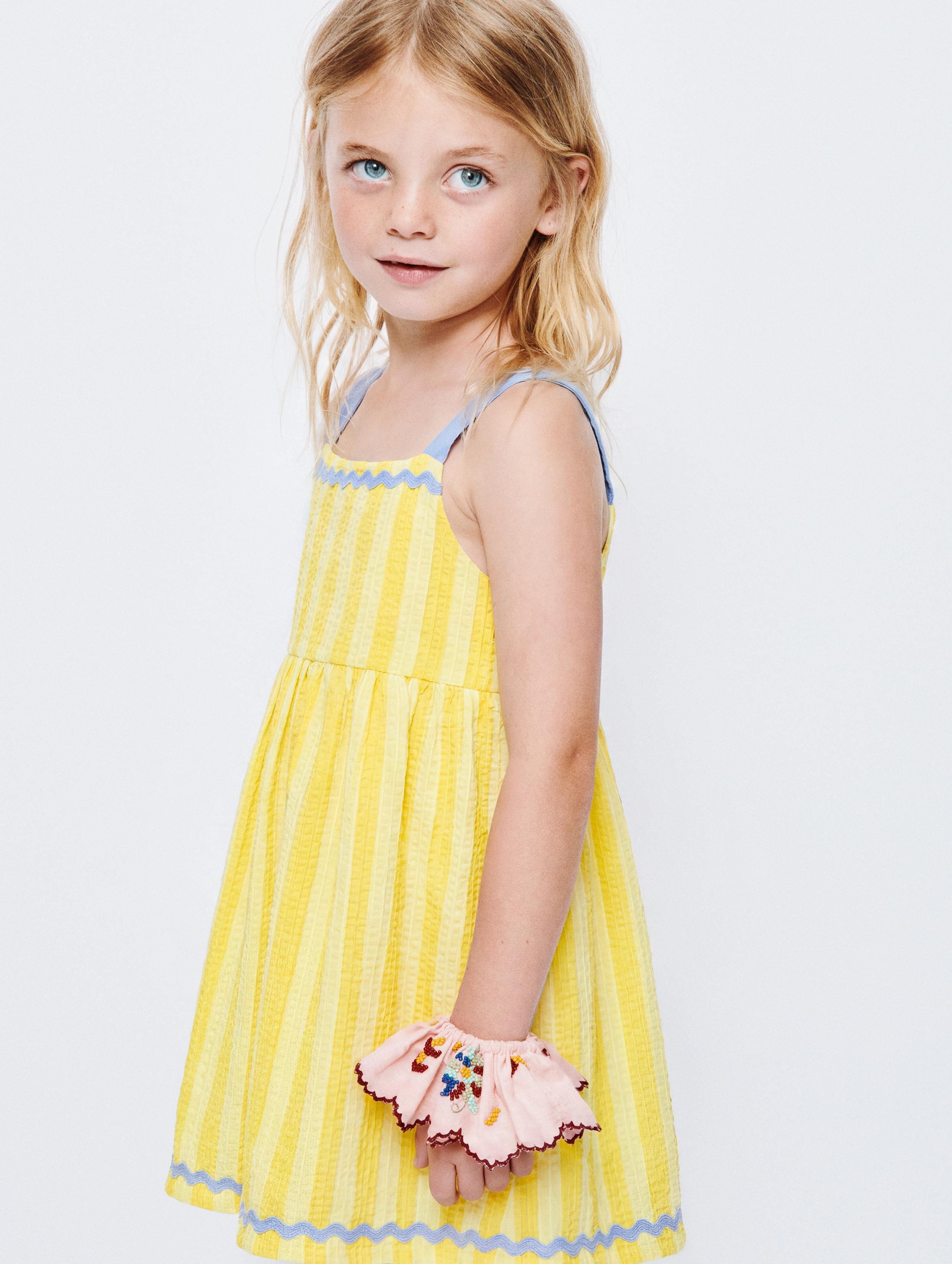 CONTRAST WAVE TRIM PRINT DRESS — Lemon