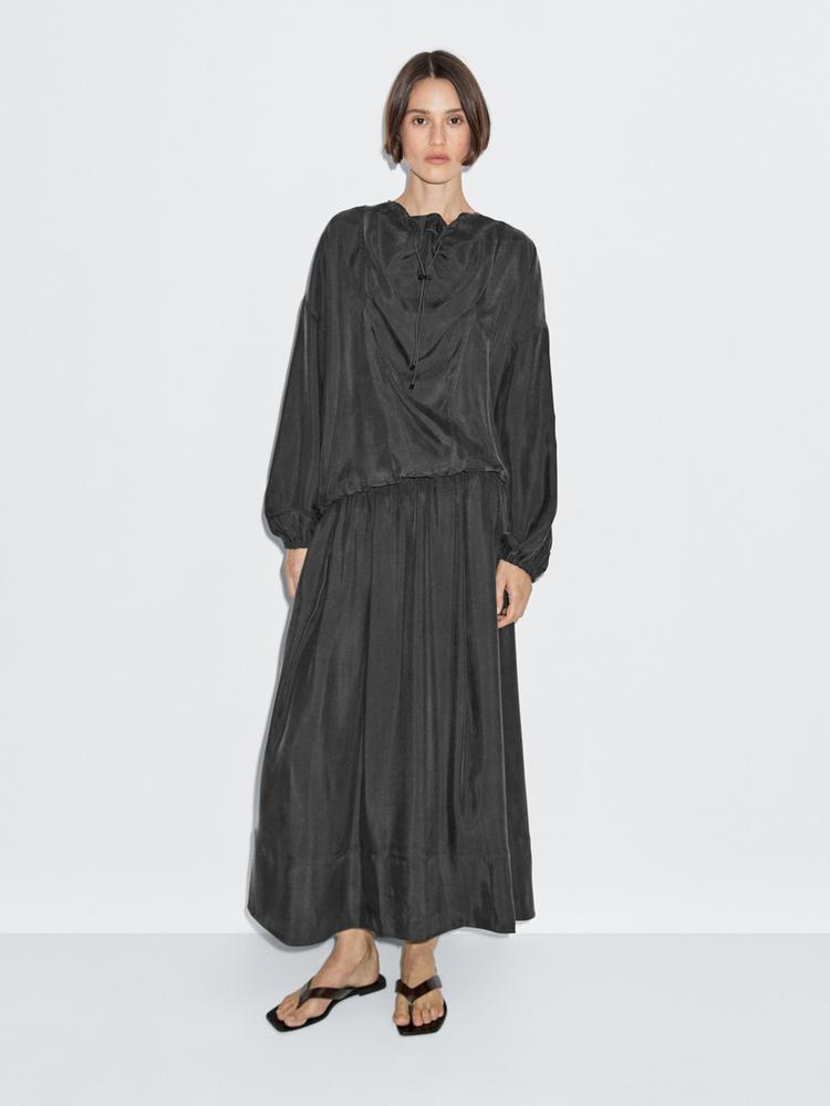 Cotton blend knit flared midi skirt