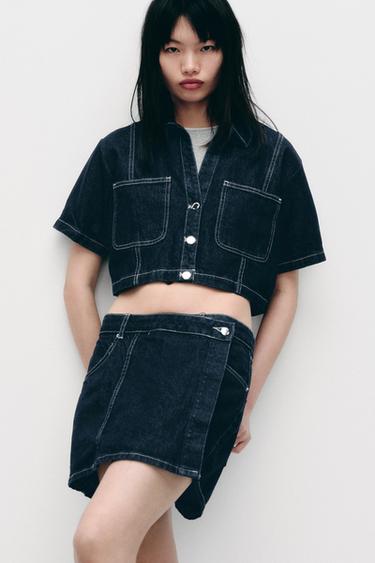 Zara Z1975系列牛仔短版襯衫 - 藍色